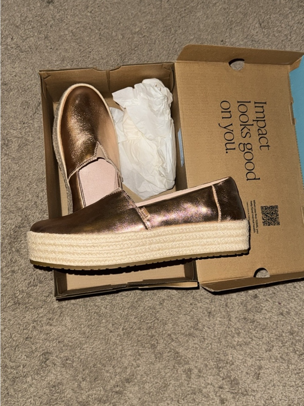Toms Metallic Rose Gold Platform Espadrille Slip-On